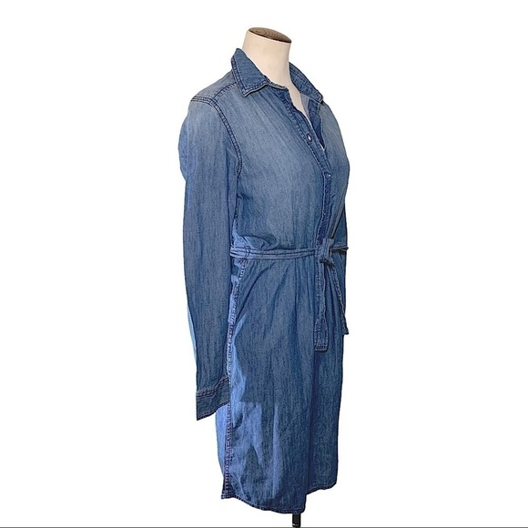 Denim Dress Blue XS Long Sleeves Belted Button Front Chambray Cotton Minimalist - Picture 2 of 10